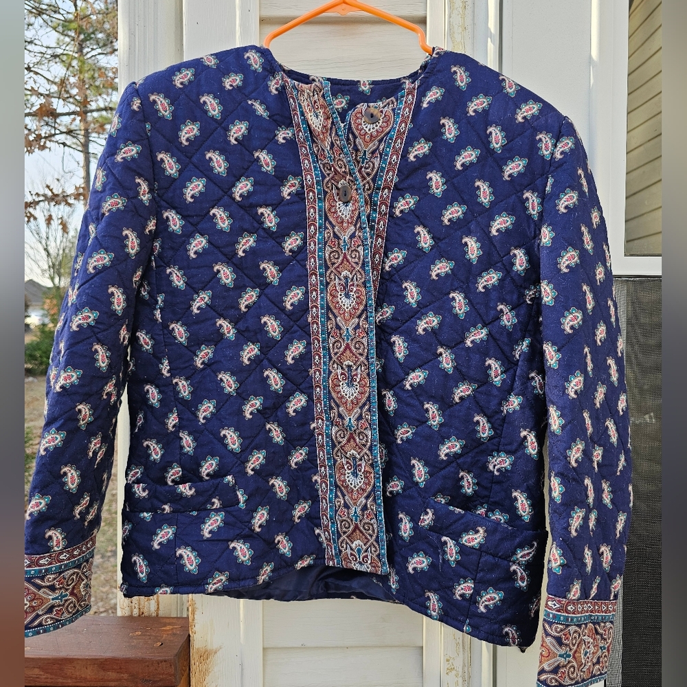Vintage 70s Quilted Vera Bradley USA Blue Paisley Coat Jacket size L Indiana